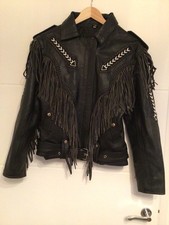 City Of Leather Western Fringed Leather Aztec Beaded Biker Jacket Size 10