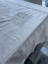 Vintage Large Lace & Linen Banqueting Tablecloth 2 x 2.4 meters