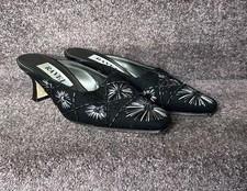 Black Grey Ravel Ladies Shoes Kitten Heel UK 4 Mules Beaded Embroidered Vintage