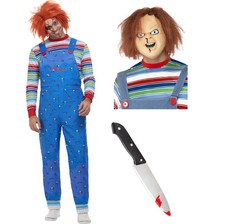 SALE Official Chucky Mens Halloween Fancy Dress Costume Deluxe Mask & Fake Knife