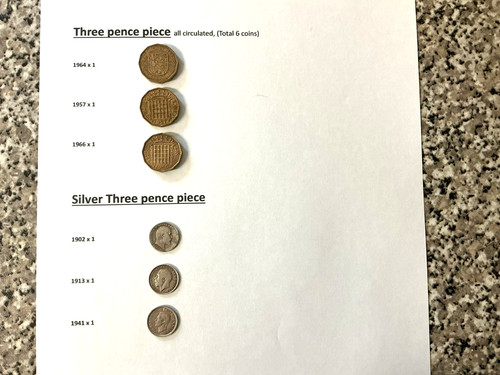 Three pence pieces silver - three, pieces,