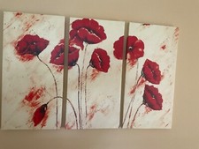 Large 3 Piece Poppy Flower Floral Canvas Wall Art Hanging Picture. Split panels