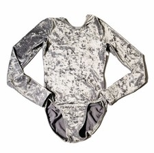 GK Elite VTG 1992 AXS Silver Velvet Bodysuit Leotard Long Sleeve Silver Adult XS