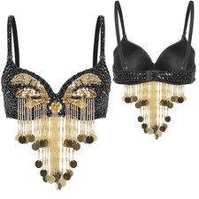 UK Sexy Women Sequin Crop Top Dancing Tops Rave Bra Blouse Tassel Party Costume