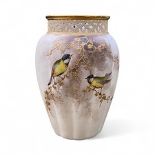 Royal Worcester Chinaworks, reticulated vase, ‘Great Tits’, c. 1900.