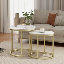 Coffee Table Set of 2 Modern Nest of Tables with Faux Marble Tabletop White