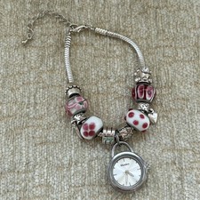 Bracelet Watch Henley Pink Silver Tone Beads Charms Costume Pendant Adjustable