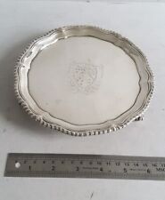 NICE CRESTED ANTIQUE SOLID SILVER CARD TRAY / SALVER .  17cms dia    SHEFF. 1777