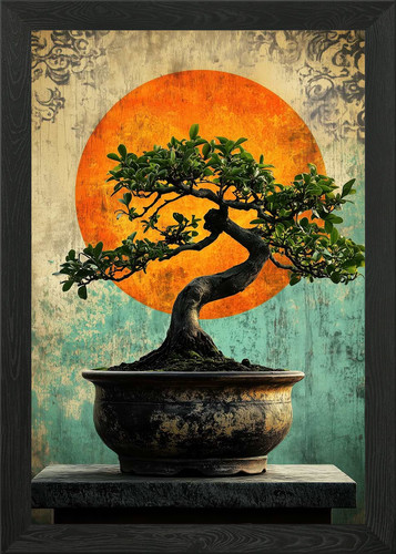 Bonsai tree with sunset framed - bonsai,