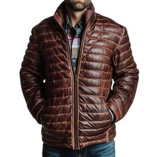 Down Puffer Jacket For Mens Real Lambskin Leather Quilted Puffer Coat Warm Mens