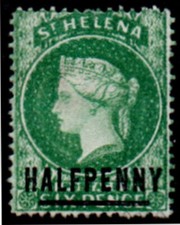 St Helena QV, 1884 6d green o/printed "HALFPENNY" sg35 m/mint.