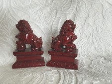 Foo Dog Pair x2 Red Resin Fu Chinese Ornament Figures Vintage 7” x 4.5” x 2 3/4”