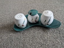 Denby Greenwheat Salt & Pepper Pots (no stoppers), Mustard Pot, Tray