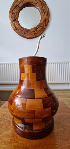 Wood parquet inlaid table - wood, lamp
