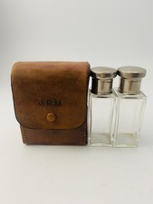 Vintage Perfume / Cologne Travel Set Of 2 Glass Bottles In Leather Case