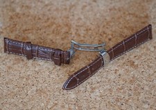 22mm Dark Brown Crocodile Leather Watch Strap - Deployment Clasps - White Stitch