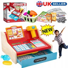 Cash Register for Kids Age 3+, Wooden Till Cash Register with Scanner&Sounds