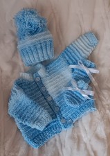 Hand Knitted Baby Boy Cardigan Hat and Mitts Set. 0-3 Months Brand New
