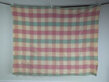Large Vintage Welsh Wool Chequed Blanket Throw Bedspread Fabric 211cm X 173cm AF