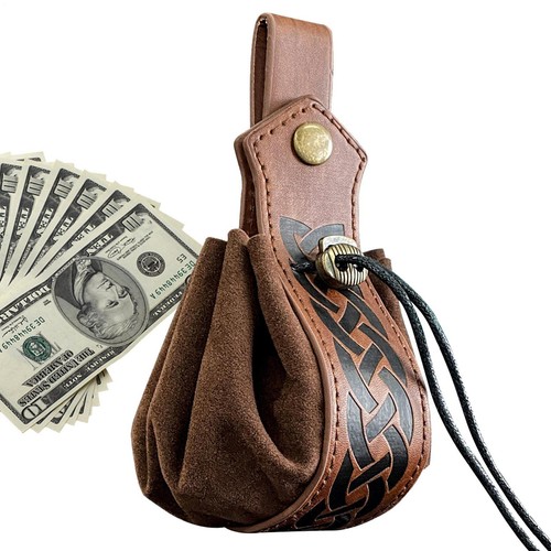 Leather drawstring wrist pouch - leather,