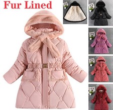 Winter Warm Kids Girls Fur Lined Hooded Parka Coat Padded Jacket Outwear Scarf