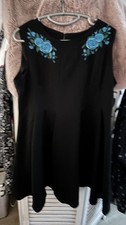Hell Bunny A-line retro shift Dress black Size XL 16 18 blue embroidered roses 