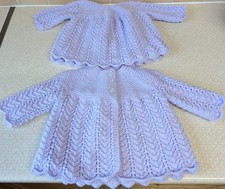 Hand Knit Brand New Matinee Jacket & Dress Set. Lilac Sparkle Wool. Newborn