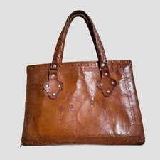 Vintage Hand Tooled Real Leather Large Tote Hand Bag Women's Tan Brown 70s