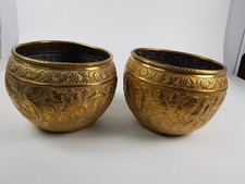 2 x Vintage Indian Chased Engraved Brass Plant Pot Jardiniere Planters 1930s