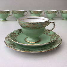 Rosina Bone China Tea Set Mint Green & Gold Shamrock Vintage 1950's? Immaculate