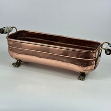 VINTAGE FRENCH SOLID COPPER JARDINIERE PLANTER WITH WHITE & NAVY FLORAL HANDLES