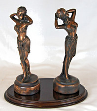 Pair of Resin Art Deco Style Female Figurines on Wooden Base