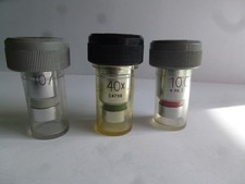 VIKERS/BAKER MICROSCOPE OBJECTIVES + lens pots : x10,  x40 and x100 oi    (231)
