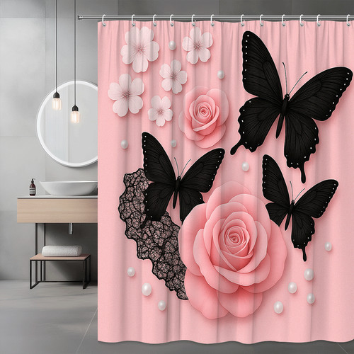 Pink floral shower - shower, curtain