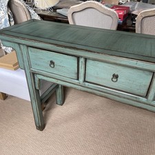 Long Console Turquoise Console Table with 3 Drawers Lacquered Wood