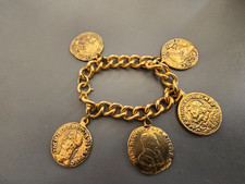 Antique Vintage Gold Plated Hammered Roman Coin Chain Charm Bracelet Jewellery
