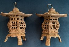 Pair of Cast Iron Japanese Hanging Pagoda Garden Candle Lanterns