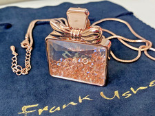DESIGNER FRANK USHER ROSE GOLD TONE PERFUME BOTTLE NECKLACE PENDANT CRYSTALS