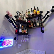 Retro Industrial Pipe Bar Wall Liquor Shelf Floating Rack with Wine Glass Holder