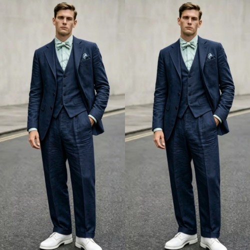 Navy linen men suit piece - men,