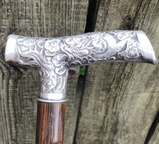 Antique Chinese silver dragon handle walking stick faux bamboo cane engraved 35"