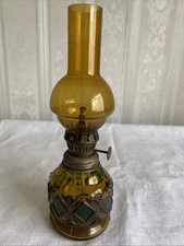 Vintage Sail Boat Brand Hong Kong Amber Stained Glass Oil Lamp Multi Coloured