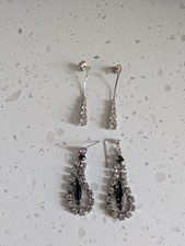 Vintage Retro Drop Diamante Pierced Earrings  Costume Jewellery Silver Tone