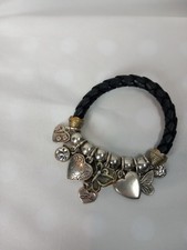 Bibi Bijoux Charm Bracelet Leather Plaited Silver Tone Hearts Romantic Theme NWT