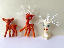 x3 1960's Flocked Red/White Big Eye Deers Christmas Tree Decorations