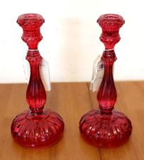 LARGE PAIR OF LAURA ASHLEY HOME PINK GLASS CANDLESTICKS IN VERY GOOD CONDITION m