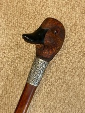 Victorian Walking Stick - Gadget Carved Mechanical Duck Hallmarked 1897 Silver