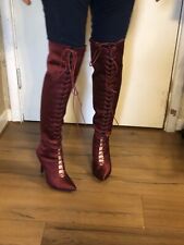 Red Velvet Thigh Boots Lace Up Front Full Zipper 4 Inch Stiletto Heel Uk8 Eu42