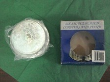 Retro Set 6x Silver Plated Drinks Coasters with Stand 3 3/4" diam-unused -vgc