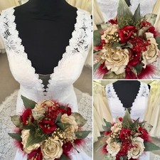 Wedding Bridal Bouquet Christmas, Rich Red Flowers, Marabou Ribbon French Beaded